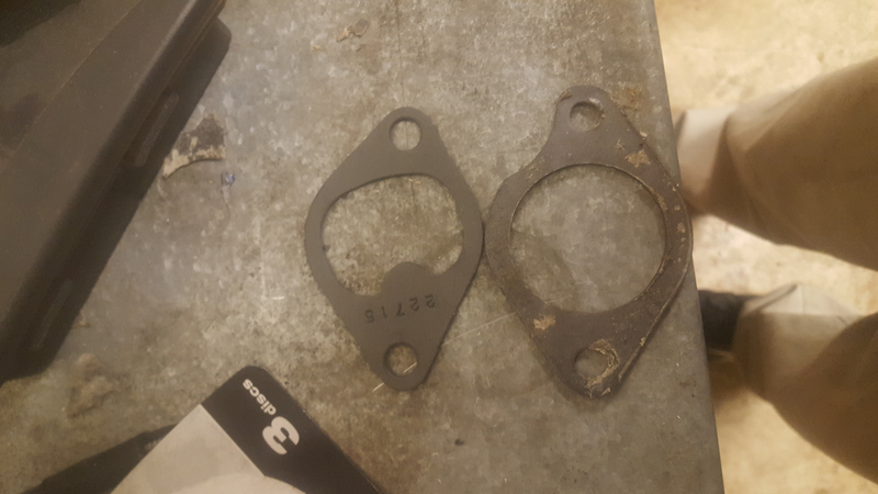 The old gaskets on the right. The new ones from Rock Auto on the left. Granted, there are three sets of “intake gaskets” on this car, so it is possible that these go between the engine and manifold, but then they don’t sell the ones I need.